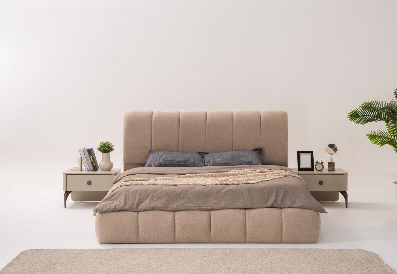 milano  melamin    It consists of 8 pieces.  First-class Turkish melamine wood.  Storage bed. All doors and drawers are hydraulic.  Upholstery fabric (bed/stool):  Soft, luxurious, and durable Turkish first-class boucle fabric.