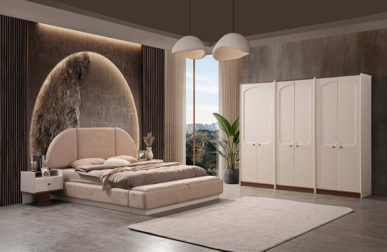  Boheme   10 pieces First-grade Turkish melamine wood Storage bed Storage chaise lounge All doors and drawers are hydraulic The wardrobe consists of 5 pieces. Arrangement can be customized according to space and customer preferences.